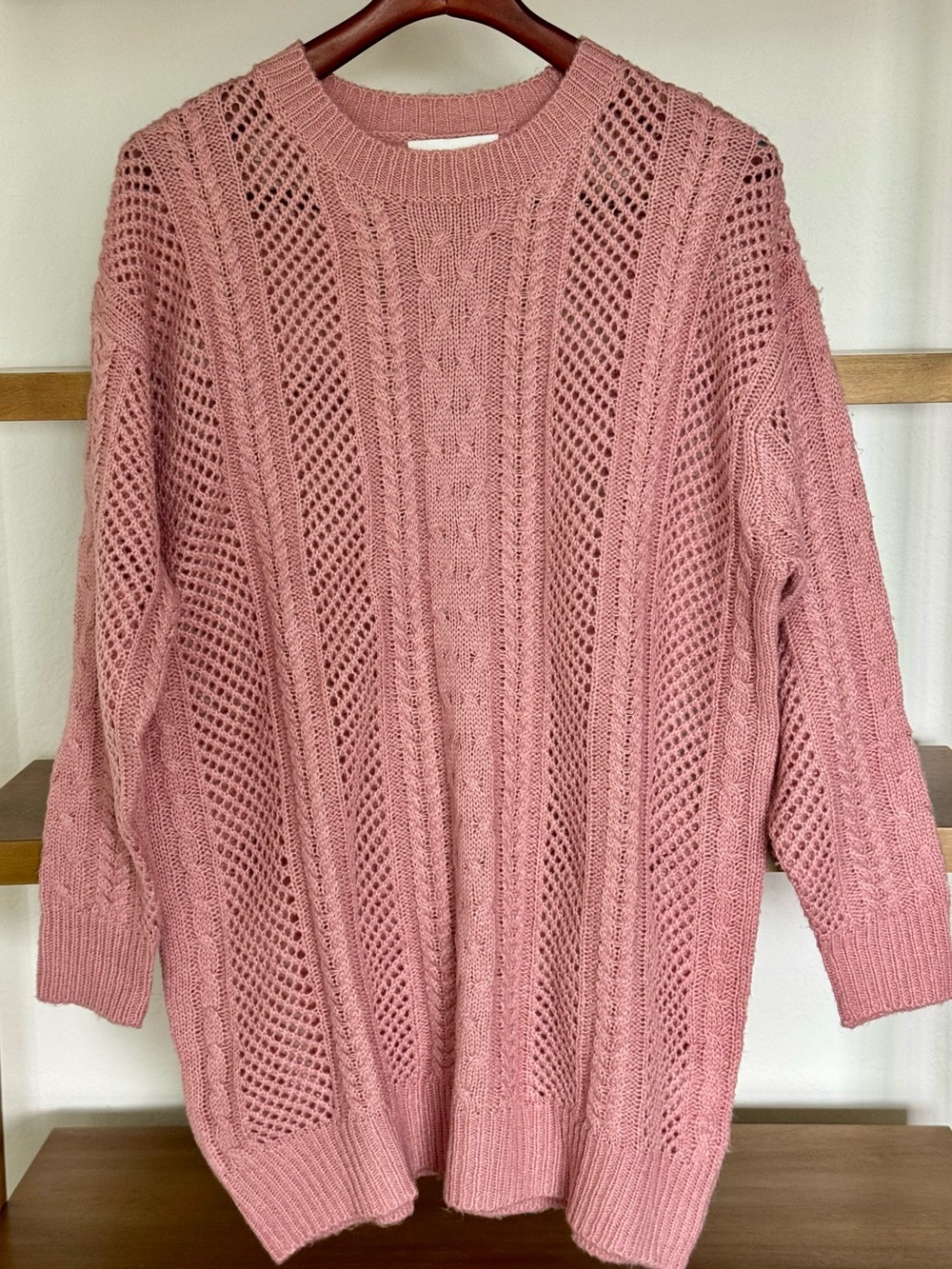 Knit Openwork Crewneck Sweater - Pink